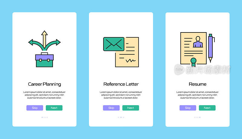 工作和简历概念入职手机应用程序页面屏幕与平面图标。UI设计模板矢量插图