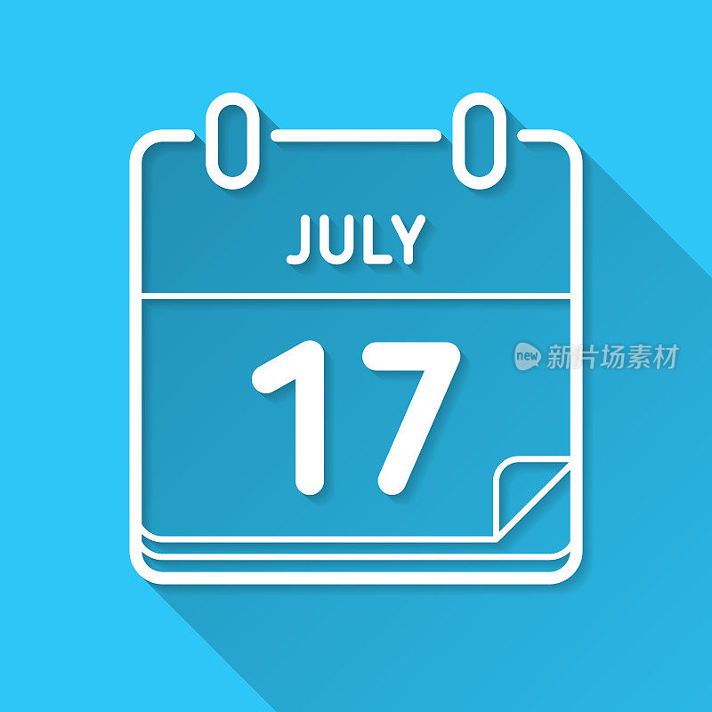 7月17日。蓝色背景上的图标-长阴影平面设计