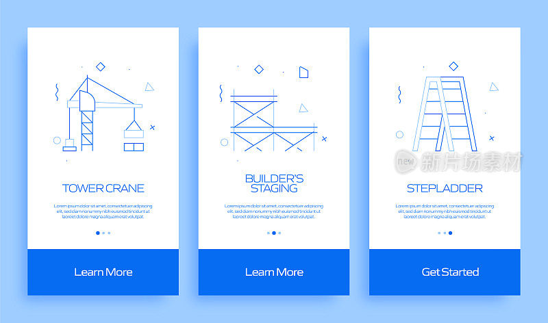 建筑行业概念入职移动应用程序页面屏幕与平面图标。用户体验，UI设计模板矢量插图