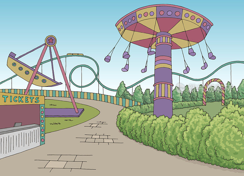 游乐园景观图形彩色素描插图矢量