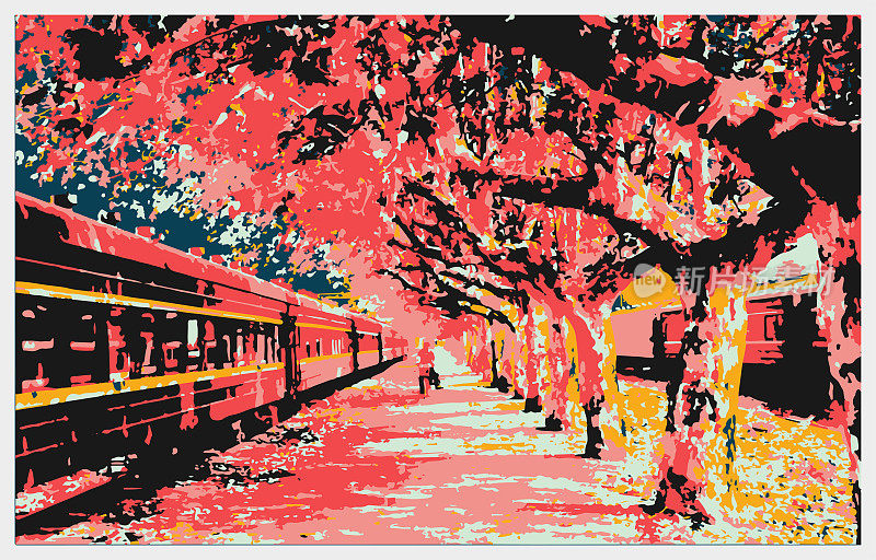矢量色彩雕刻风格的火车站景观，南京市-江苏省，中国