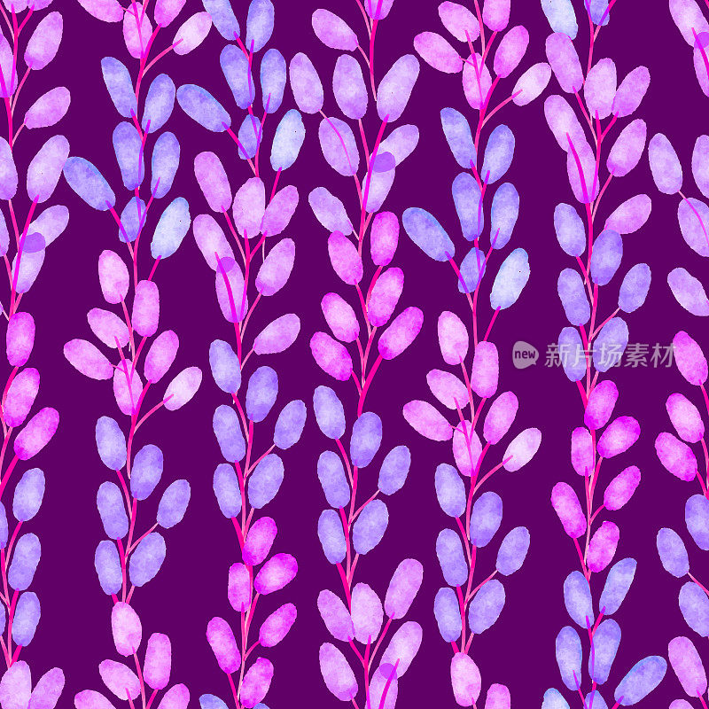 蓝紫浆果无缝图案背景。花的背景贺卡，壁纸，广告，横幅，传单和传单。几何植物载体设计背景。手绘分层水彩花卉剪辑艺术。
