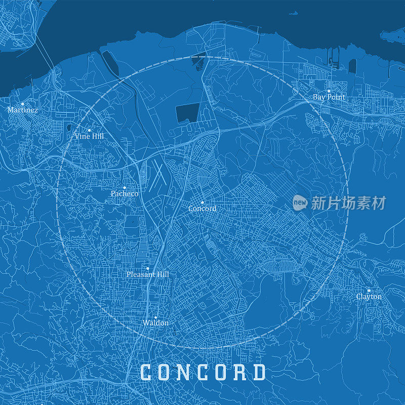 康科德CA城市矢量道路地图蓝色文本