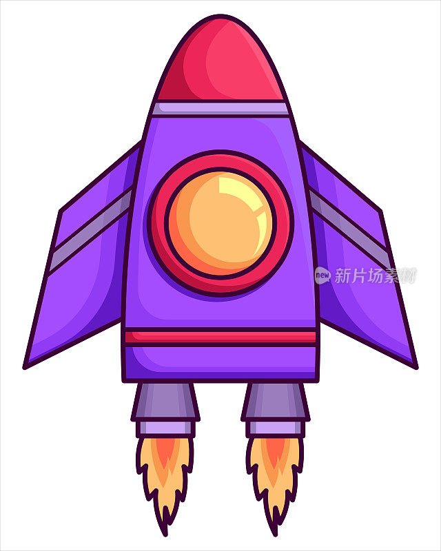 火箭矢量图标在卡通风格孤立在白色背景。启动-扁平设计。火箭发射和火焰。太空主题，太空技术。矢量插图。EPS10。
