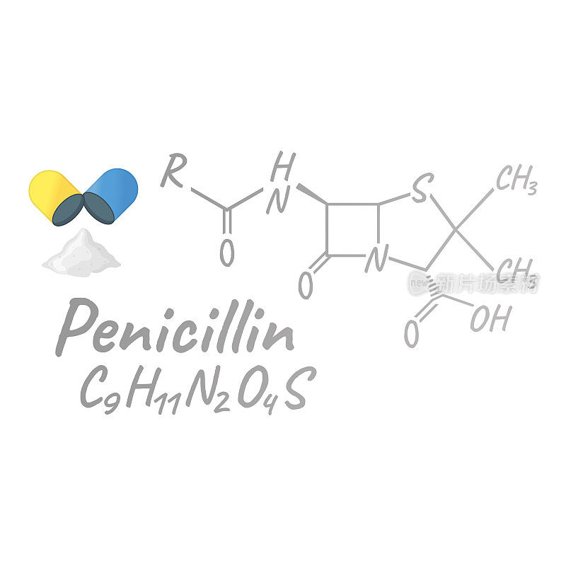 盘尼西林抗生素化学配方和组成，概念结构药物，白色背景孤立，矢量插图。