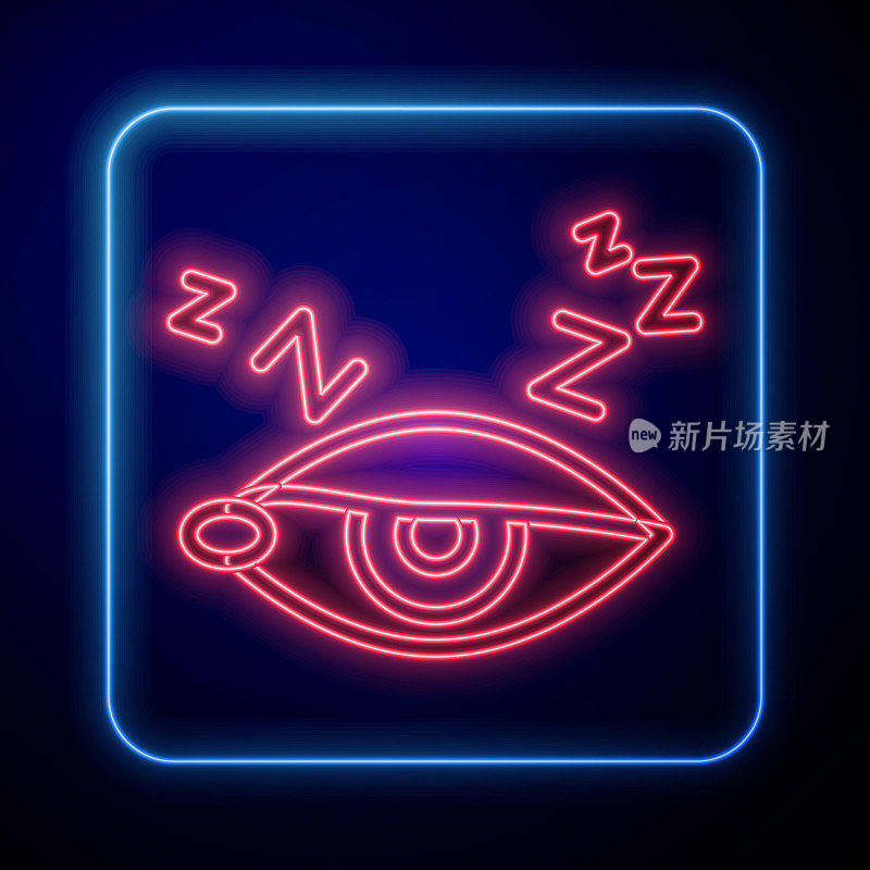 发光的霓虹灯失眠图标孤立在蓝色背景。毛细血管和瞳孔的睡眠障碍。疲劳和压力。向量