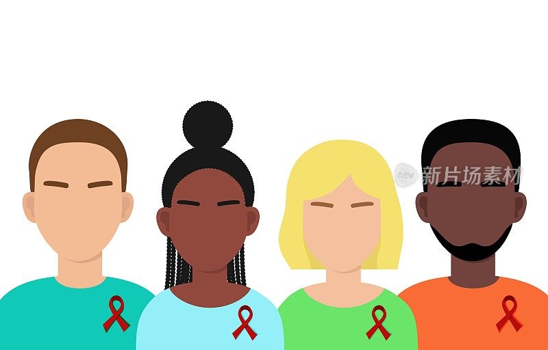 有红丝带的不同种族的人。象征着与hiv阳性和艾滋病患者的团结