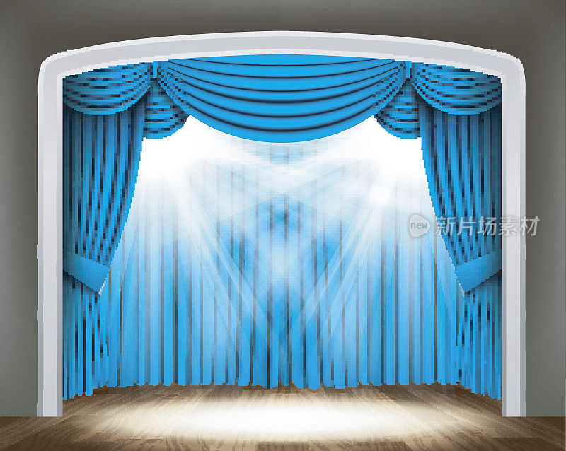 木地板上的古典剧场蓝色聚光灯幕