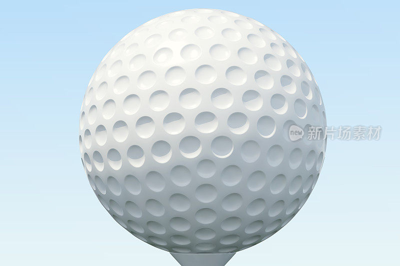 3D插图高尔夫球和球在草地，近距离观看tee准备被射击。天空背景上的高尔夫球。