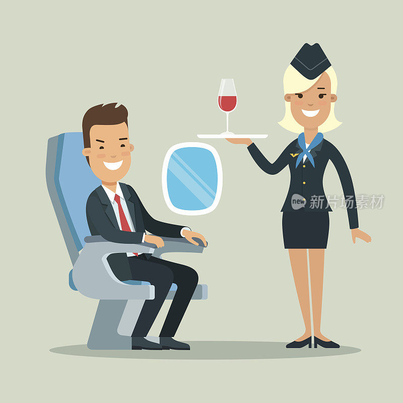 扁平的年轻微笑的商人坐在飞机上，空姐与一杯红酒在托盘矢量插图。商务旅行的概念。