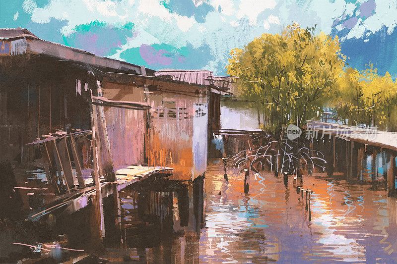 老渔村，油画风格