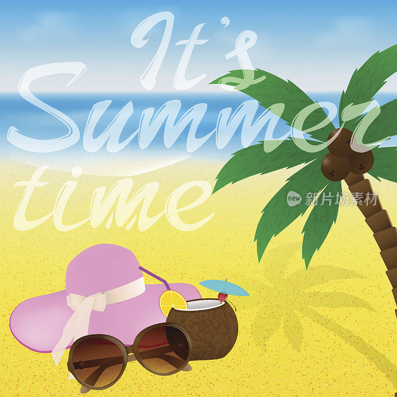 海滩太阳镜，鸡尾酒，海星和帽子。夏日贺卡设计与字母。网站横幅旅游网站。