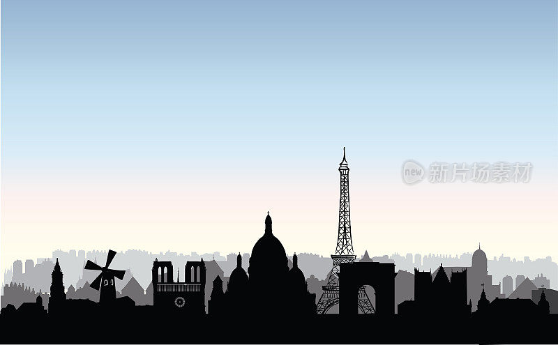 巴黎城市建筑剪影。法国的城市景观。巴黎城市景观与地标。旅行法国天际线背景。欧洲度假壁纸。