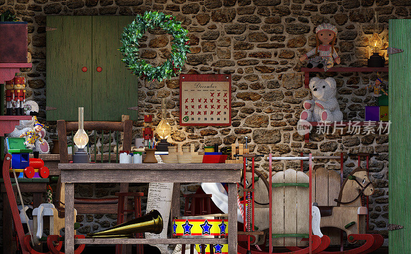圣诞老人的圣诞车间的3D渲染