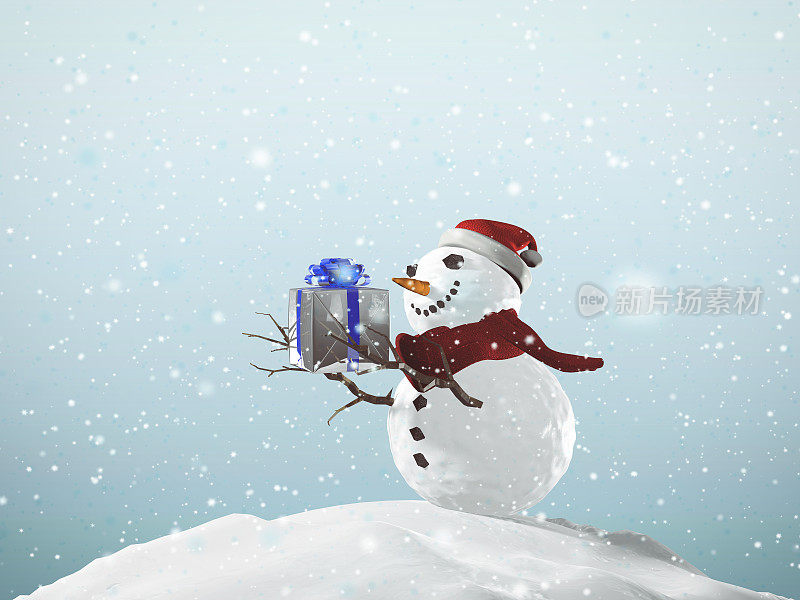 3D插图雪人圣诞节概念与礼物盒和装饰品在一个下雪天。