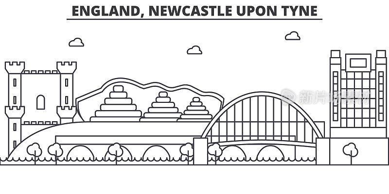 英格兰，纽卡斯尔泰恩建筑线天际线插图。线性向量的城市景观与著名的地标，城市景观，设计图标。风景与可编辑的笔触