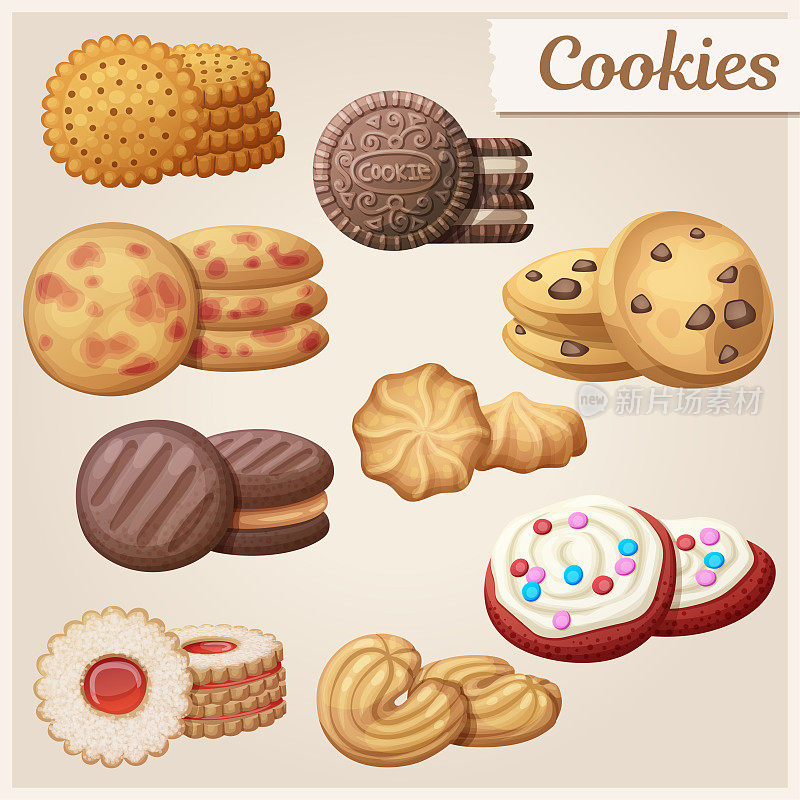 一套9个美味的饼干。卡通矢量插图。食物甜图标。