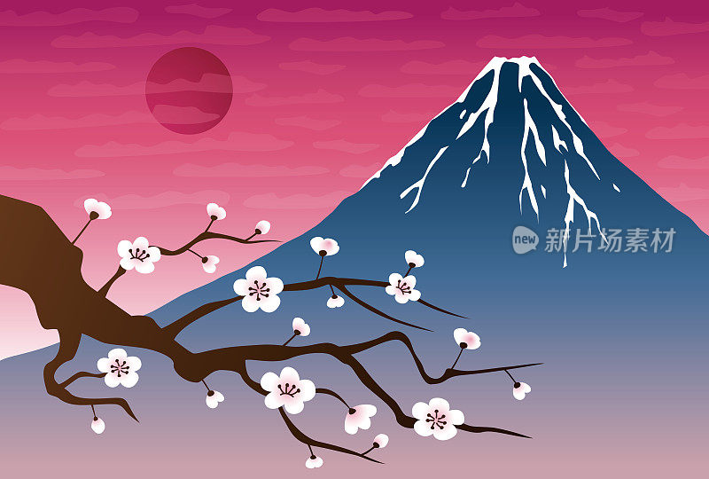 富士山日落白梅树景观插图
