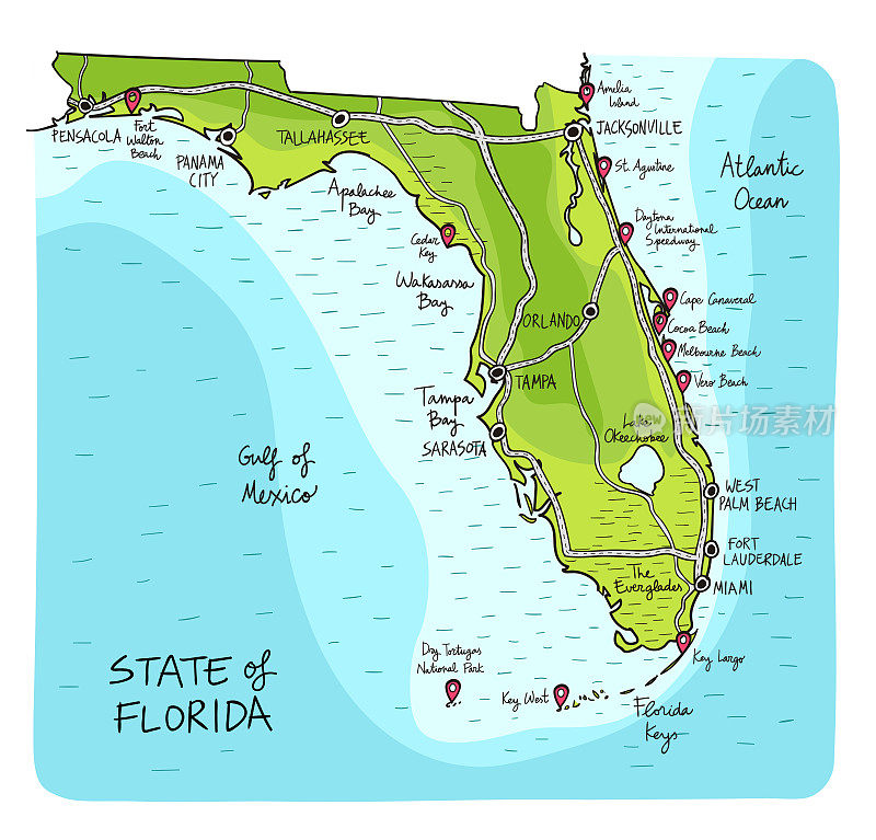 手绘的佛罗里达州地图与主要城市和兴趣点