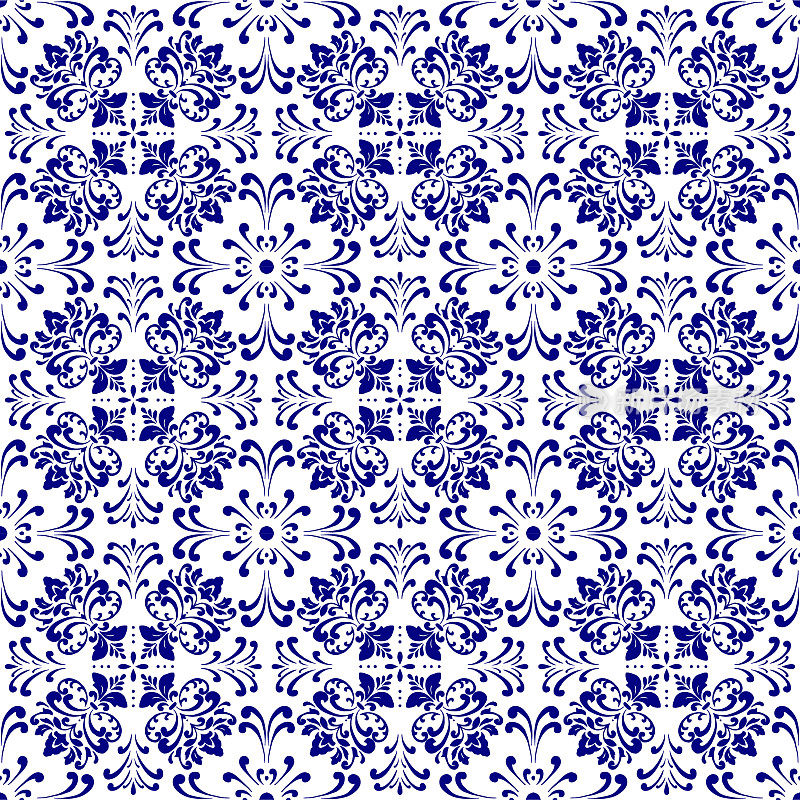 矢量瓷砖图案，里斯本阿拉伯花卉马赛克，地中海无缝海军蓝装饰。