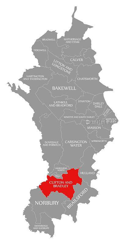 克利夫顿和布拉德利在英国东米德兰兹的德比郡戴尔斯区地图上用红色标出