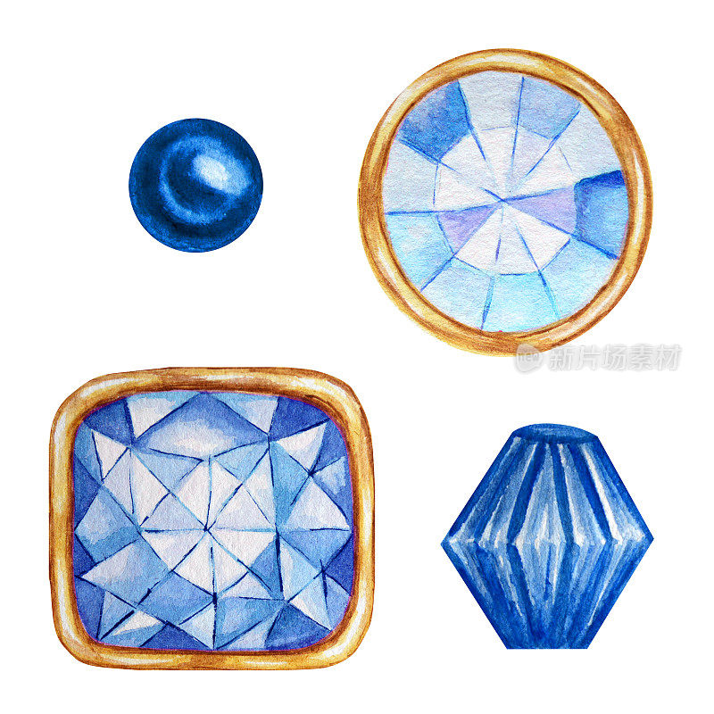 蓝色水晶在一个黄金框架和珠宝珠子。手绘水彩钻石套。白色背景上孤立的奢侈品。手工制作珠宝的宝石。