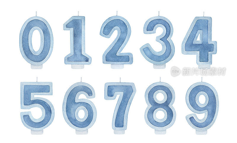 海军蓝生日蛋糕蜡烛数字包(0,1,2,3,4,5,6,7,8,9)。手绘水彩在白色的背景上，剪纸元素的设计，卡片，横幅，邀请，剪贴簿贴纸。