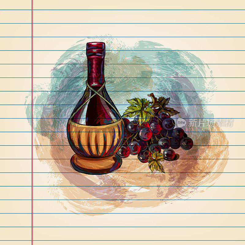 葡萄和葡萄酒瓶画在横格纸上