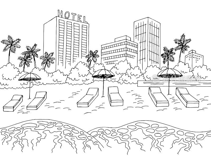 城市海滩图形黑白景观素描插图矢量