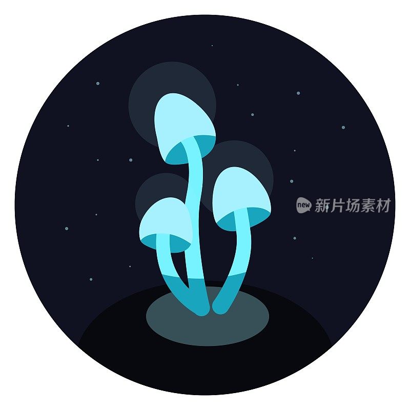 霓虹蘑菇的梦幻背景。小丘上的蓝色发光蘑菇，蓝色的光在黑暗中飞翔。矢量插图。星星在黑暗中闪耀。三种有毒的鸊鷉会发光