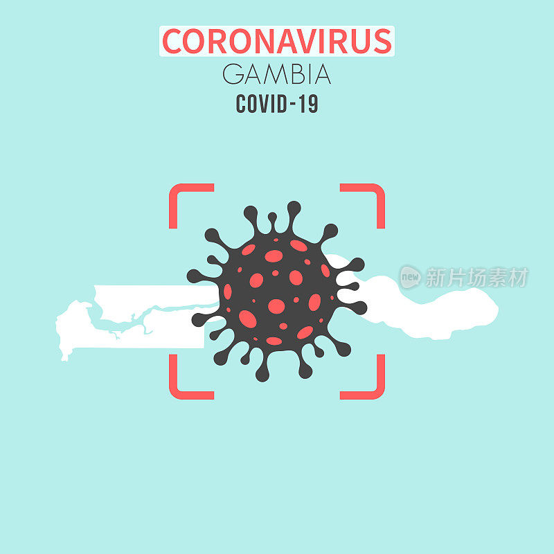 冈比亚地图，红色取景器中有冠状病毒(COVID-19)细胞