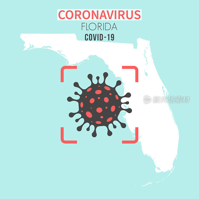 佛罗里达地图，红色取景器中有冠状病毒细胞(COVID-19)