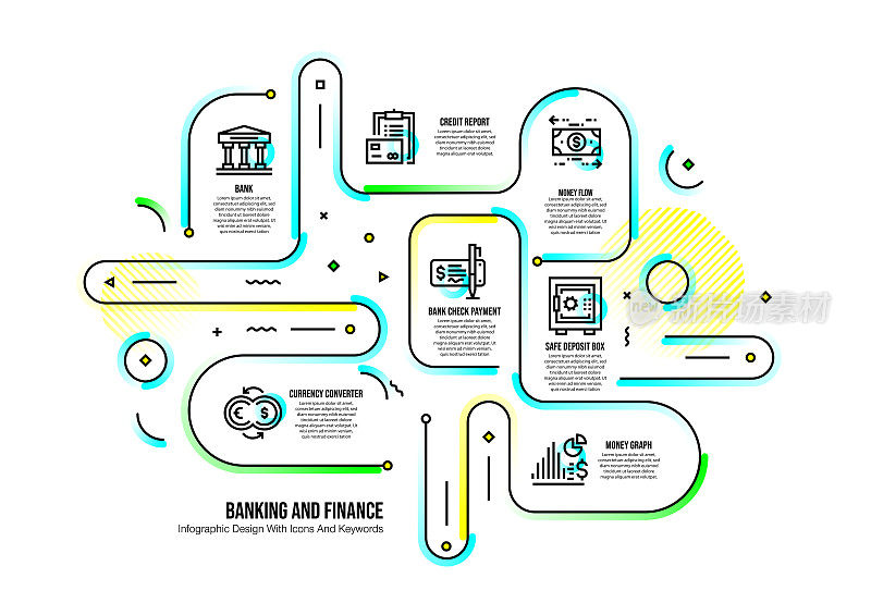 信息图表设计模板与银行和金融关键字和图标