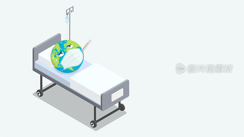 地球仪躺在医院的病床上，戴着口罩，发高烧。全球变暖气候变化流行病