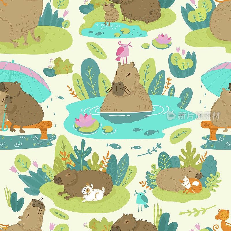 图案图像的水豚在丛林绿色的森林和湖泊，矢量插图，有趣的卡通动物
