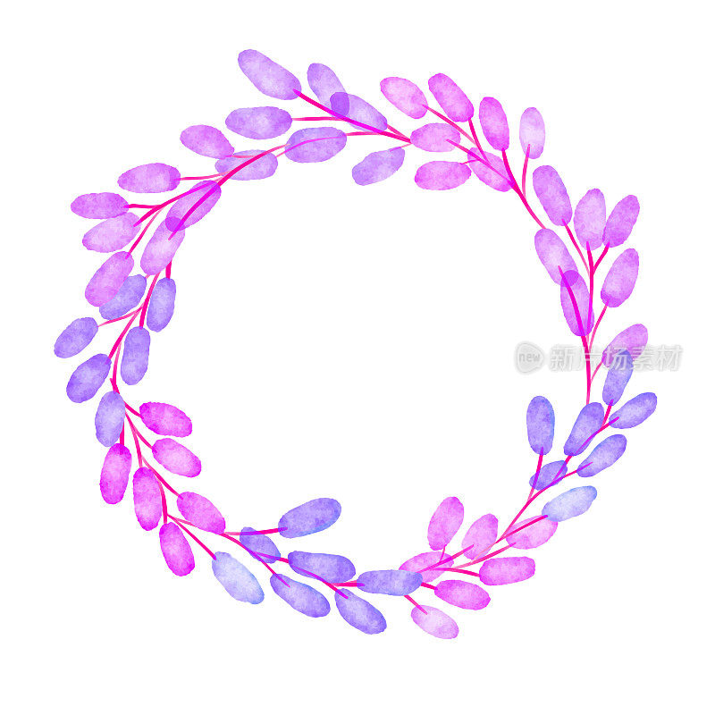 蓝色和紫色的浆果花环背景。手绘分层水彩花卉剪辑艺术。水彩花卉图案。设计元素的贺卡和婚礼，生日和其他假期和夏季邀请卡背景。