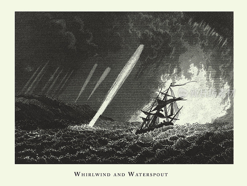 历史古董，旋风和水龙卷，气象元素和仪器雕刻古董插图，出版于1851年