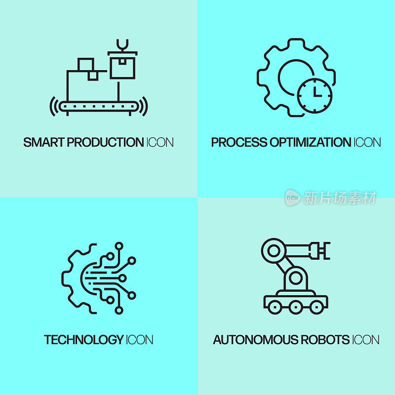 工业4.0相关线条图标。向量符号说明。