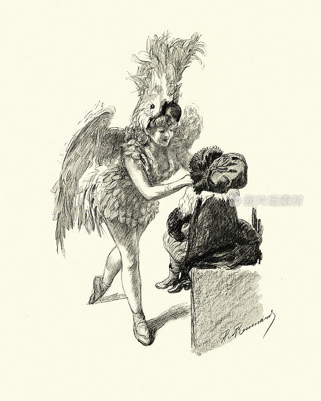 画一个穿着凤头鹦鹉戏服的女人，法国，十九世纪九十年代