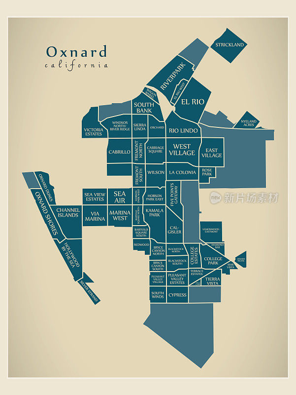 现代城市地图-美国加利福尼亚州的奥克斯纳德市，有社区和名称