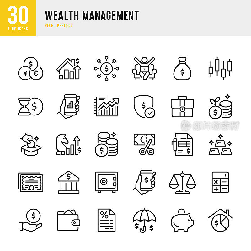 财富管理-细线矢量图标设置。像素完美。该集合包含图标:股票市场数据，黄金，商业战略，小猪银行，投资，经济，税收。