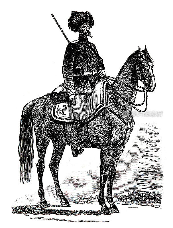 一个骑在马背上的哥萨克，侧视