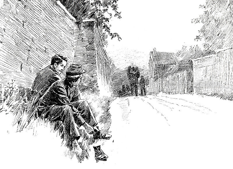 两个男孩坐在乡间小路的墙边休息