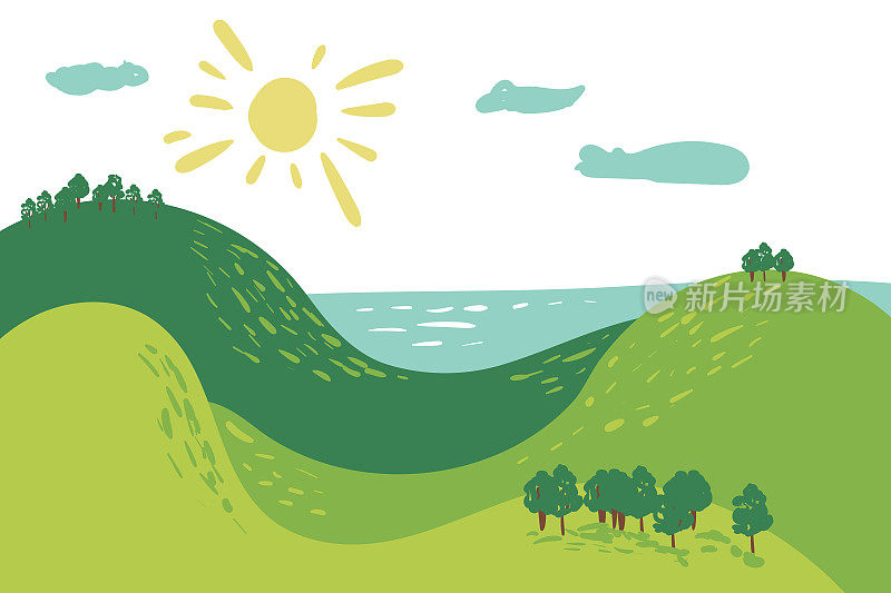 夏天景观山森林太阳海绿色的草树木树木素描简单的线孩子手绘矢量插图。手绘