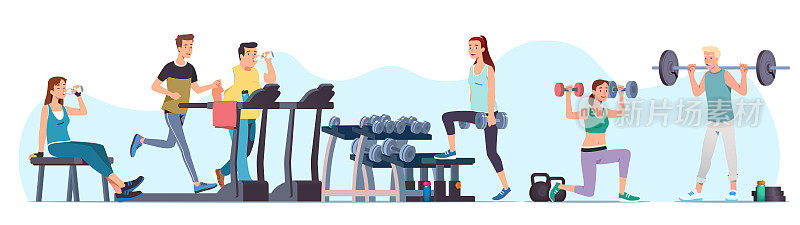 男女运动员在健身房锻炼和训练。喜欢运动的人会举哑铃和举重，在跑步机上慢跑。运动，健康，锻炼，跑步，健身。平面向量插图