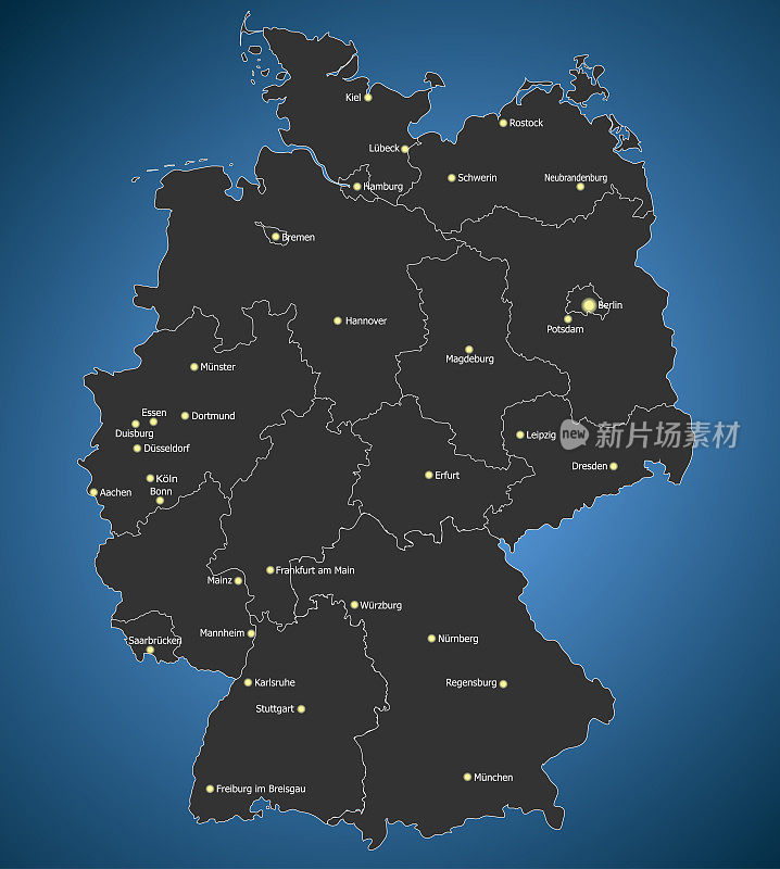 高度详细的德国地图，主要城市。