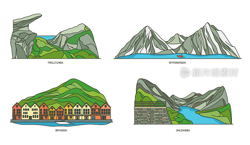 挪威自然地标或景观图标集