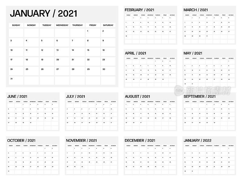 2021年日历模板。