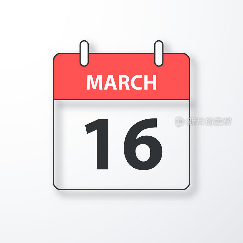 3月16日-每日日历-黑色轮廓与阴影在白色的背景