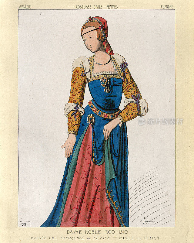 16世纪早期的中世纪时尚，贵族妇女穿着长袍